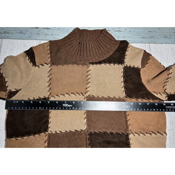 Harolds Linen Cotton Mock Neck Patchwork Sweater Cropped Brown Retro MED 70s Hip - Picture 6 of 11